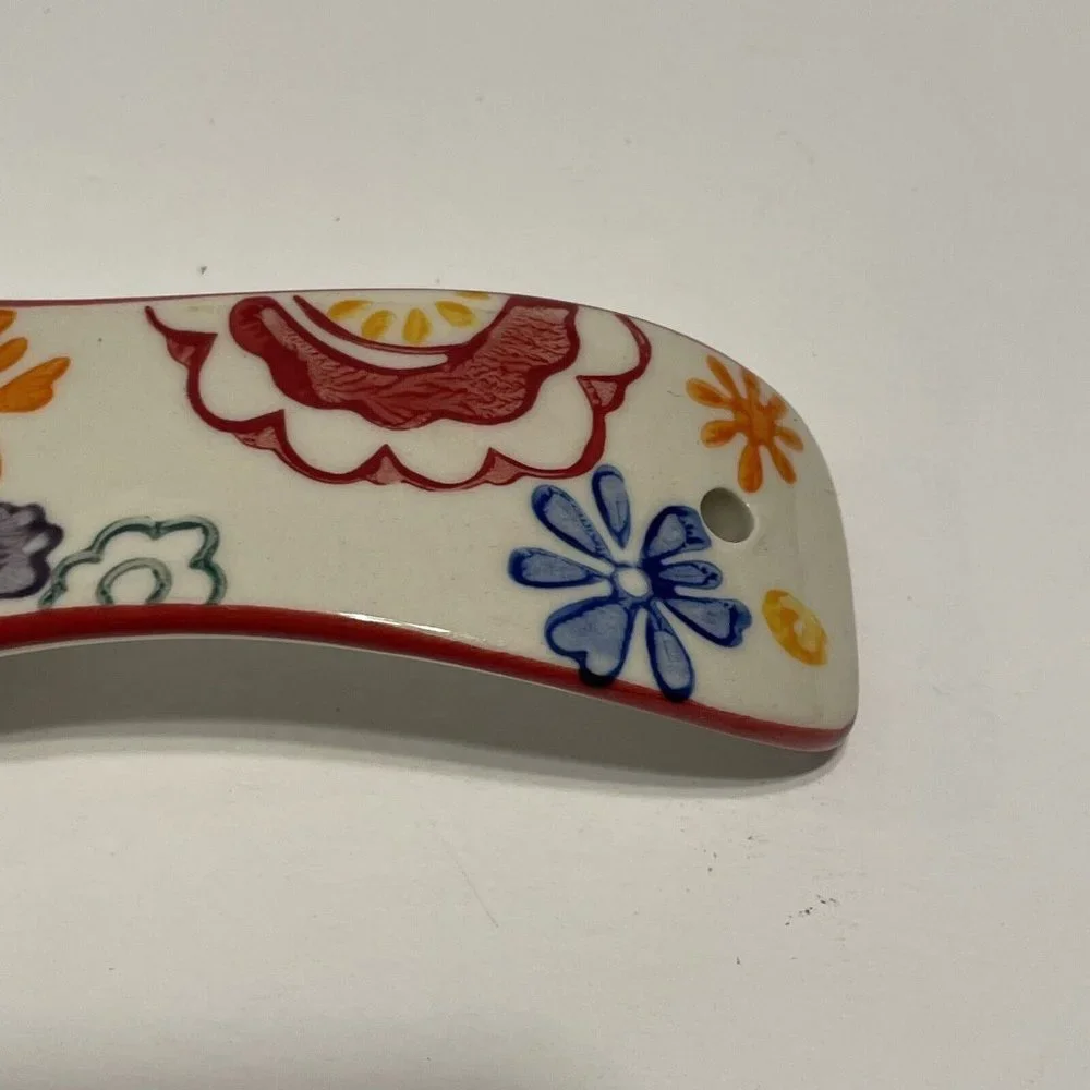 Pier 1 Imports Colorful, Hand Painted Floral 8” Stoneware Spoon Rest VTG